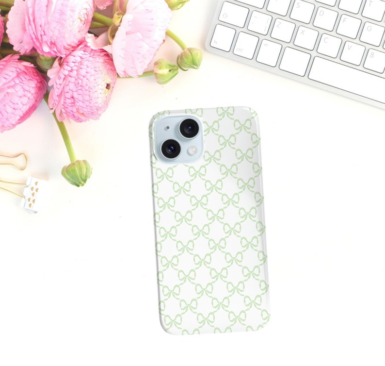 Preppy Bow Pattern Print, Coquette sage lime green, loveshackfancy inspired, preppy print Phone Case Slim, all iPhone 15 14 Plus Pro Max 13 image 1