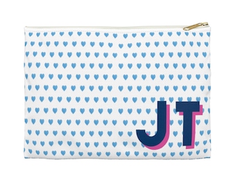 Preppy Watercolor Hearts Blue - Accessory Zip Pouch Available in Two Sizes - Monogram Canvas Bag - Choose Colors,  Canvas laminated interior