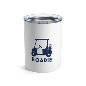 Golf Roadie, Golf Cart Coffee or Cocktail Travel Tumbler, 10oz, double wall insulated, with lid, Golf Gift, Navy Blue