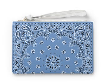 Vegan Leather Blue Paisley Bandana Clutch | Wristlet Bag