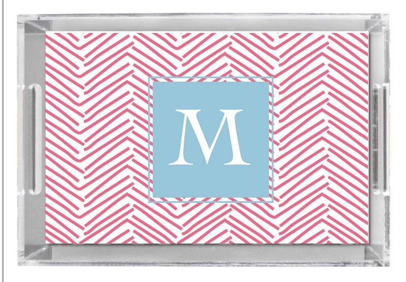 Lucite Acrylic Tray, Herringbone Nantucket Red Coastal Chic entertaining Hostess gift, Wedding gift, Birthday present, initials or name