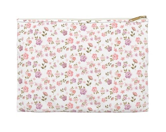 Ditsy Floral White - Accessory Pouch Available in Two Sizes - White canvas laminated interior