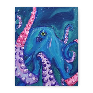 Lienzo de pulpo de aventura oceánica, decoración colorida para el hogar, arte mural de temática náutica, regalo para amantes del océano, arte de inspiración submarina