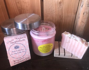 Magnolia Grapefruit Vegan Soap and Candle Ensemble, Soy Candle Vegan Soap Gift Set, Vegan Gift for Mothers Day, Birthday Gift Ideas