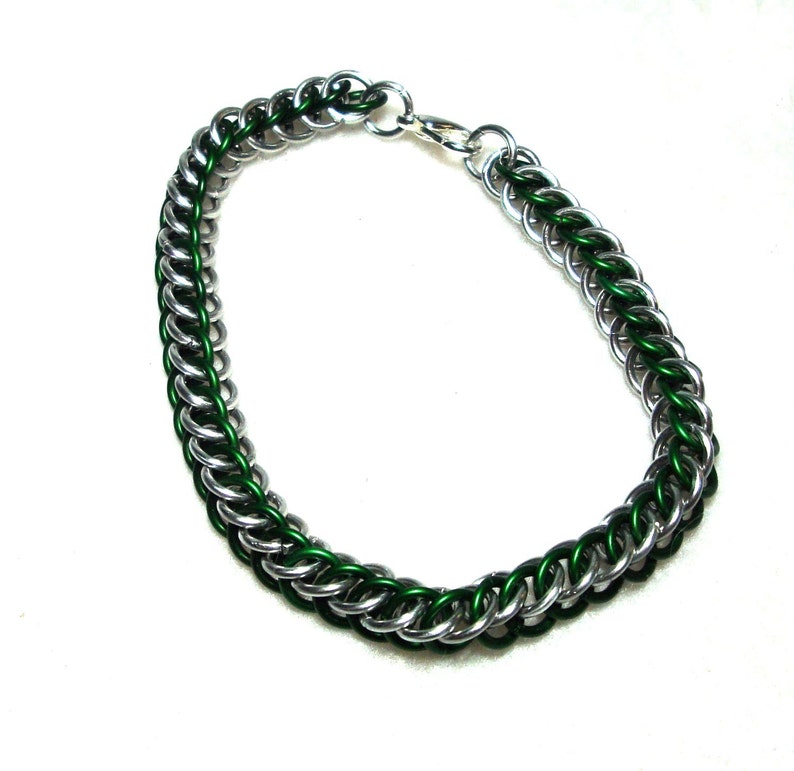 Chainmaille Jewellery, Half Persian Chainmail Bracelet, Green and Silver, image 4