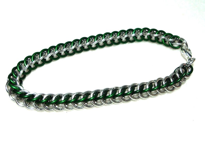 Chainmaille Jewellery, Half Persian Chainmail Bracelet, Green and Silver, image 2