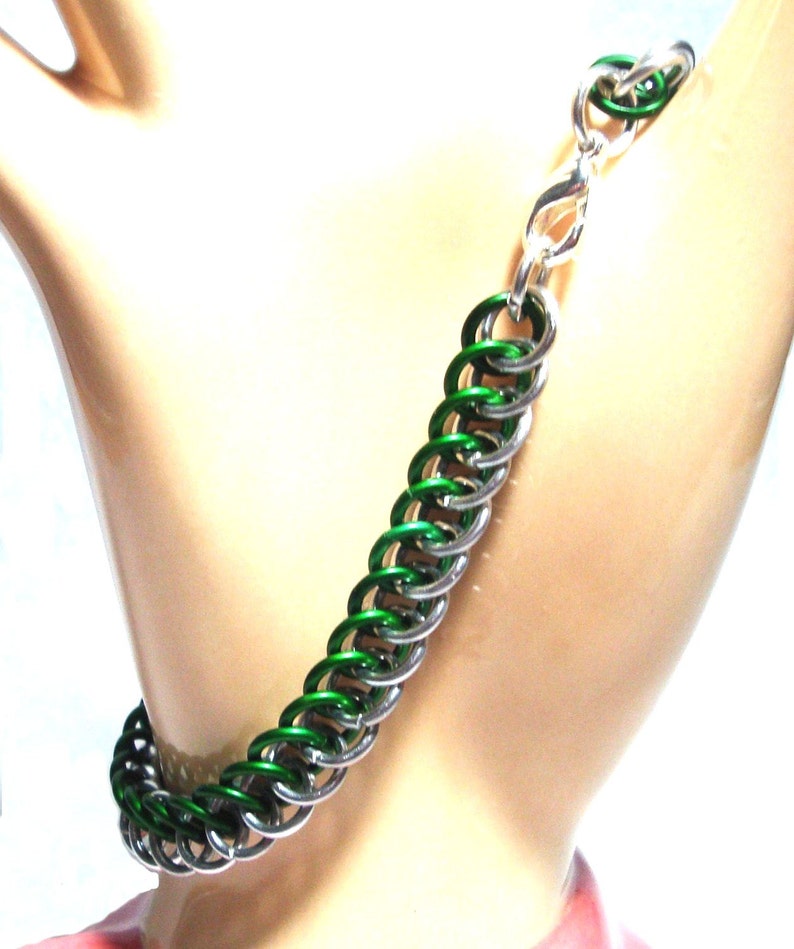 Chainmaille Jewellery, Half Persian Chainmail Bracelet, Green and Silver, image 5