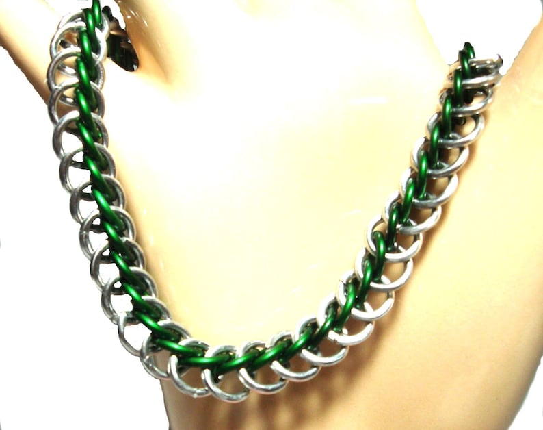 Chainmaille Jewellery, Half Persian Chainmail Bracelet, Green and Silver, image 3