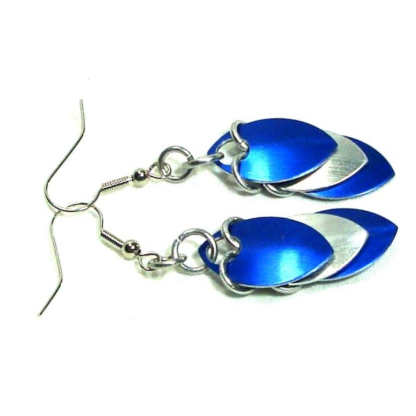 Scale Maille Earrings, Chainmaille, Blue and Silver, Choose Your Color