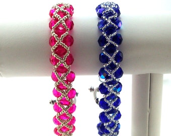 Pink or Blue Woven Bracelet w/ Silver Criss-Cross Pattern, Woven Bracelet, Unique Bracelet, Colorful Bracelet, Handmade with Czech Beads