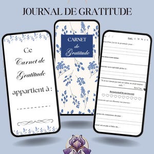 May include: A blue and white floral patterned journal with the text "Carnet de Gratitude" and "Ce Carnet de Gratitude appartient à:" on the cover. The journal is designed for practicing gratitude.