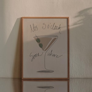 Martini Cocktail Glass Hand-Drawn Retro Print, Its 5 o'clock somewhere wall art, Alcohol Poster Bar Cart Minimalist Digital trendy download