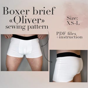 Puede incluir: Calzoncillos tipo bóxer blancos con cintura negra. La imagen incluye el texto "Boxer brief «Oliver» sewing pattern", "Size: XS-L" y "PDF files, +instruction". Los calzoncillos se muestran de frente y de lado.