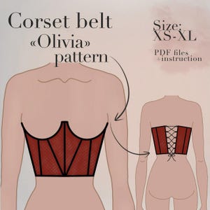 Puede incluir: Una ilustración digital de un patrón de cinturón corsé rojo, llamado "Olivia", con la espalda con cordones. El patrón está disponible en tallas XS-XL e incluye archivos PDF con instrucciones.
