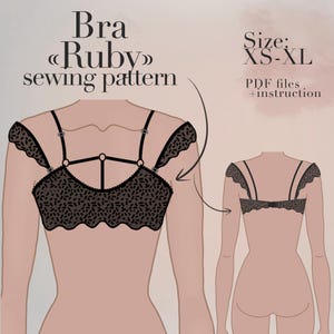 Op de afbeelding: Illustratie van een zwart kanten bh-patroon, getiteld "Bra Ruby". Het ontwerp heeft een geschulpte rand en verstelbare bandjes. De afbeelding bevat de maten XS-XL en PDF-bestanden met instructies.