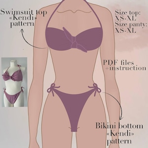May include: A mauve bikini set with a halter top and tie-side bottoms. The image includes text indicating the "Kendi" pattern, size range (XS-XL), and PDF files with instructions. A smaller image of the bikini is also shown.