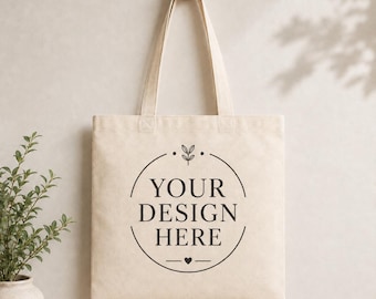 Hanging Canvas Tote Bag Mockup, Natural Cotton Tote Template, Minimal Wall Display, Your Design Here, PNG Download