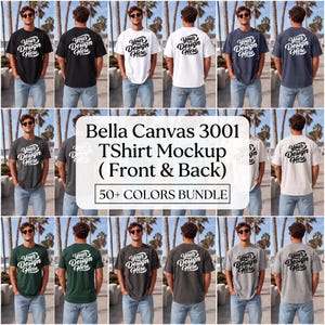 Maqueta Bella Canvas 3001, paquete de más de 50 colores, modelo masculino, estilo de vida playero, camisa, maqueta frontal y trasera, camiseta premium de moda, impresión bajo demanda (POD).