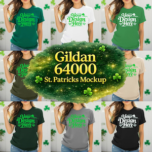 May include: A mockup featuring six different colored Gildan 64000 t-shirts: green, white, olive, tan, gray, and black. Each shirt has the text "Your Design Here" printed on the front in green or white. The image also includes the text "Gildan 64000 St. Patricks Mockup".