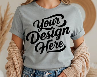 Silver T-Shirt Mockup Bella Canvas 3001 with Model | Gray Tee Mockup | Bella Canvas Silver Shirt Mockup