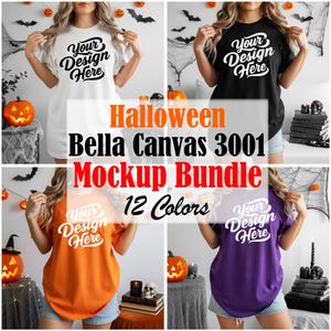 Puede incluir: Un paquete de maquetas de camisetas Bella Canvas 3001 en cuatro colores diferentes: blanco, negro, naranja y morado. Cada camiseta tiene el texto "Your Design Here" impreso en la parte delantera. La imagen incluye decoraciones temáticas de Halloween.