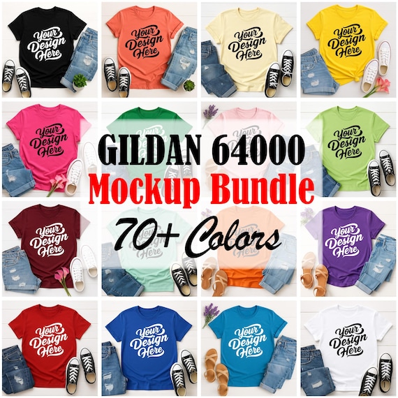 Gildan 64000 Shirt Mockups | Flatlay T-Shirt Mockup Bundle | 70+ Colors | JPG Mockup | Realistic Apparel Mockup | POD Display Template