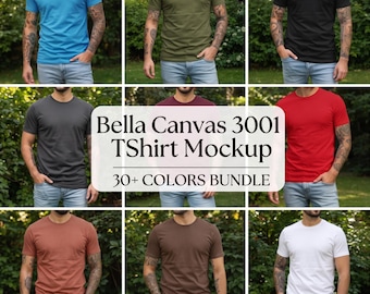 Pacchetto di oltre 30 mockup per t-shirt Bella Canvas 3001: stile di vita boho, modello maschile (download digitale)