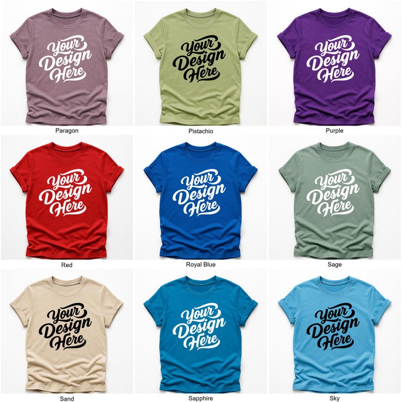 Flatlay display of Gildan 64000 t-shirt mockup bundle in over 50 colors, showcasing various blank shirts including black, red, orange, purple, yellow, green, mint, and pink, each with 'Your Design Here' placeholder text for custom design previews.