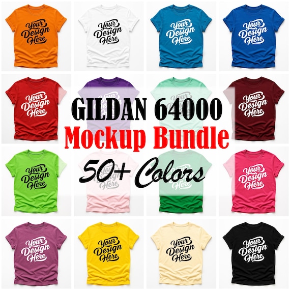 Gildan 64000 T-Shirt Mockup Bundle | 50+ Flatlay Colors | Realistic JPG Files | Unisex POD Shirt Templates