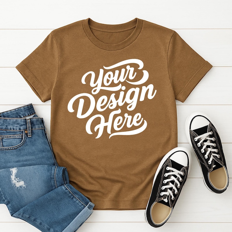 Mockup bundle featuring Gildan 64000 t-shirts in over 70+ colors. The image shows various colored t-shirts with the placeholder text 'Your Design Here' on a flat lay background with flowers, sneakers, and other accessories.