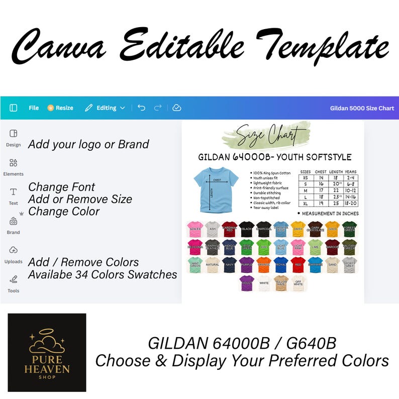 Puede incluir: Una plantilla editable de Canva con una tabla de tallas para camisetas Gildan 64000B para j&oacute;venes. La imagen incluye una carta de colores con 34 muestras de color y un logotipo. El texto dice: "Elige y muestra tus colores preferidos."