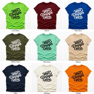 Flatlay display of Gildan 64000 t-shirt mockup bundle in over 50 colors, showcasing various blank shirts including black, red, orange, purple, yellow, green, mint, and pink, each with 'Your Design Here' placeholder text for custom design previews.