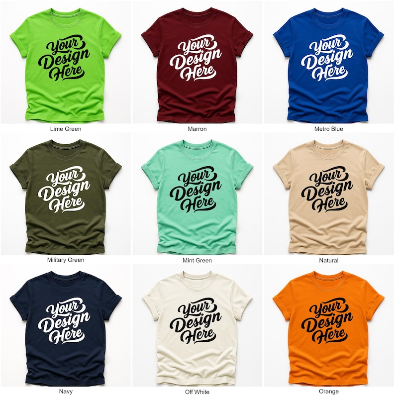 Flatlay display of Gildan 64000 t-shirt mockup bundle in over 50 colors, showcasing various blank shirts including black, red, orange, purple, yellow, green, mint, and pink, each with 'Your Design Here' placeholder text for custom design previews.