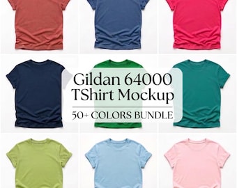 Gildan 64000 T-Shirt Mockup Bundle | 50+ Flatlay Colors | Realistic JPG Files | Unisex POD Shirt Templates