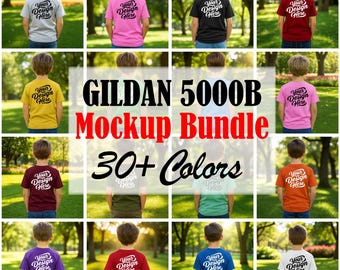 Gildan 5000B Kinder T-Shirt Mockup Bundle: 34 Farben, Rückansicht