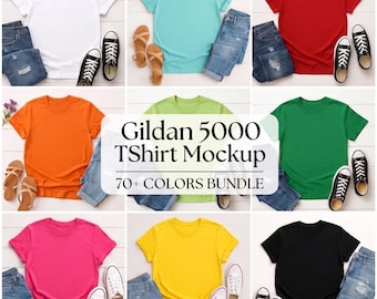 Gildan 5000 T-Shirt Mockup Bundle | Flatlay Realistic Apparel POD Display (70+ Colors)