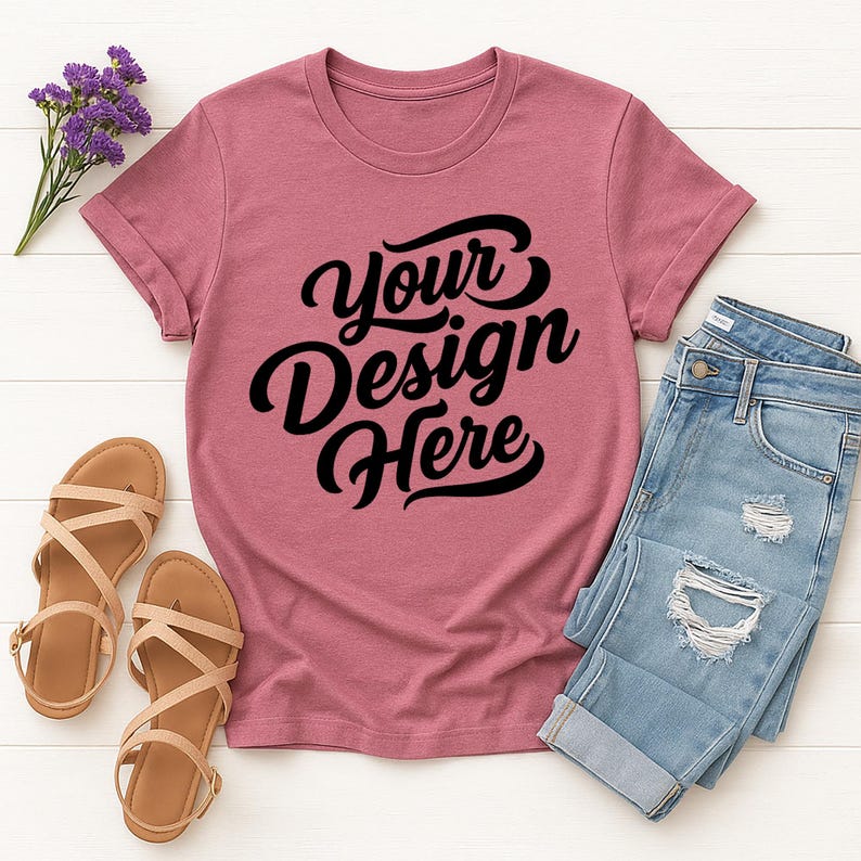 Mockup bundle featuring Gildan 64000 t-shirts in over 70+ colors. The image shows various colored t-shirts with the placeholder text 'Your Design Here' on a flat lay background with flowers, sneakers, and other accessories.