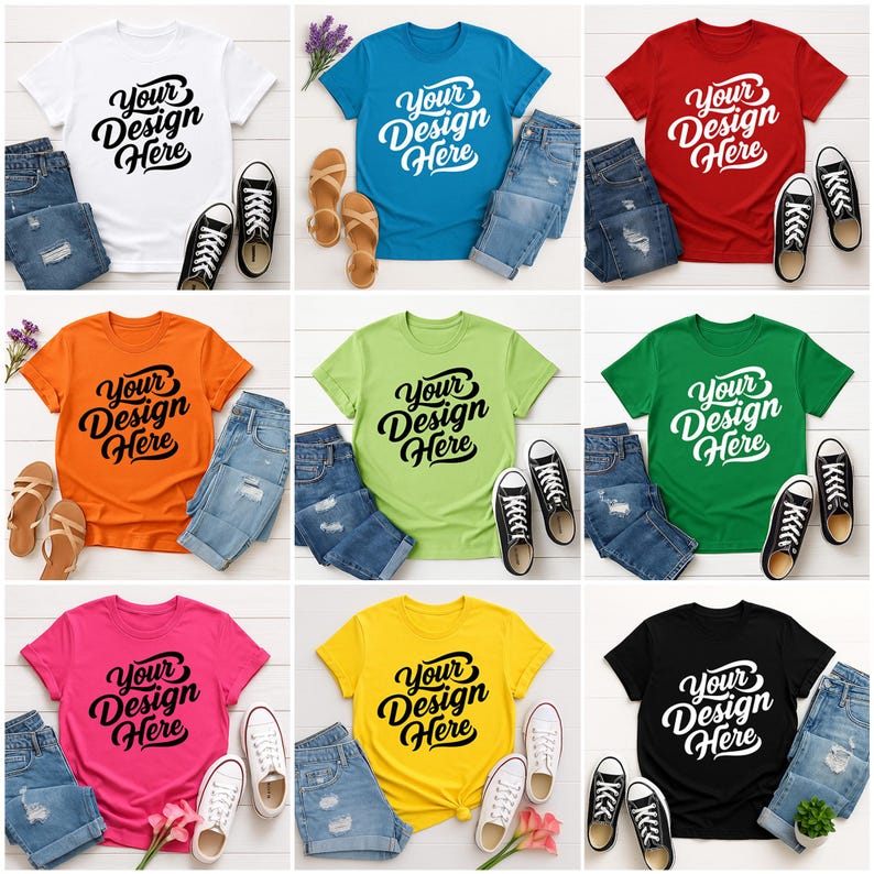 Mockup bundle featuring Gildan 64000 t-shirts in over 70+ colors. The image shows various colored t-shirts with the placeholder text 'Your Design Here' on a flat lay background with flowers, sneakers, and other accessories.