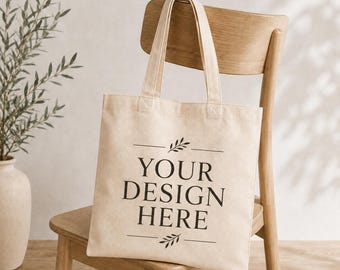 Canvas Tote Bag Mockup on Chair, Natural Cotton Bag Mockup, Minimal Lifestyle Tote Template, PNG Digital Download