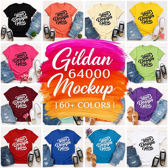 Gildan 64000 Shirt Mockups | Flatlay T-Shirt Mockup Bundle | 60+ Colors | JPG Mockup | Realistic Apparel Mockup | POD Display Template
