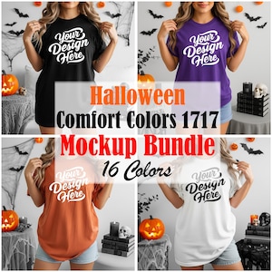 May include: A mockup bundle featuring four t-shirts in black, purple, orange, and white. Each shirt has the text "Your Design Here" in a stylized font. The image includes Halloween decorations like pumpkins and bats, with the text "Halloween Comfort Colors 1717 Mockup Bundle 16 Colors".