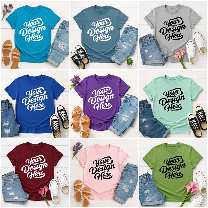 Mockup bundle featuring Gildan 64000 t-shirts in over 70+ colors. The image shows various colored t-shirts with the placeholder text 'Your Design Here' on a flat lay background with flowers, sneakers, and other accessories.