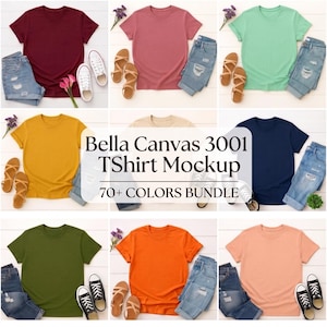 Bella Canvas 3001 T-Shirt Mockup Bundle: 70+ Flatlay Colors (Digital Download