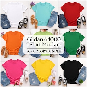 Gildan 64000 T-Shirt Mockup-Bundle | Realistische Flatlay-Mockups für Bekleidung (über 70 Farben)