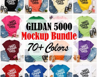 Gildan 5000 Shirt Mockups | Flatlay T-Shirt Mockup Bundle | 70+ Colors | JPG Mockup | Realistic Apparel Mockup | POD Display Template