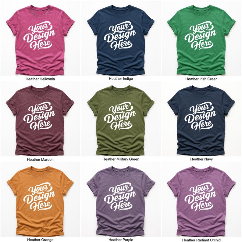 Flatlay display of Gildan 64000 t-shirt mockup bundle in over 50 colors, showcasing various blank shirts including black, red, orange, purple, yellow, green, mint, and pink, each with 'Your Design Here' placeholder text for custom design previews.