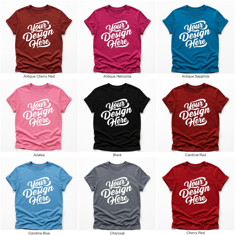 Flatlay display of Gildan 64000 t-shirt mockup bundle in over 50 colors, showcasing various blank shirts including black, red, orange, purple, yellow, green, mint, and pink, each with 'Your Design Here' placeholder text for custom design previews.