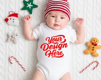 Christmas Baby Bodysuit Mockup | Rabbit Skins 4424, Holiday Flat Lay (PNG)
