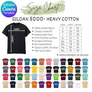 Guide des couleurs et des tailles Gildan 5000 | Modèle de toile modifiable (téléchargement instantané)