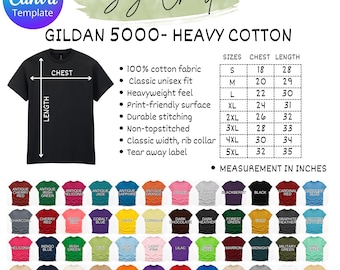 Tabla de colores y tallas Gildan 5000 / Plantilla editable de Canva (descarga instantánea)